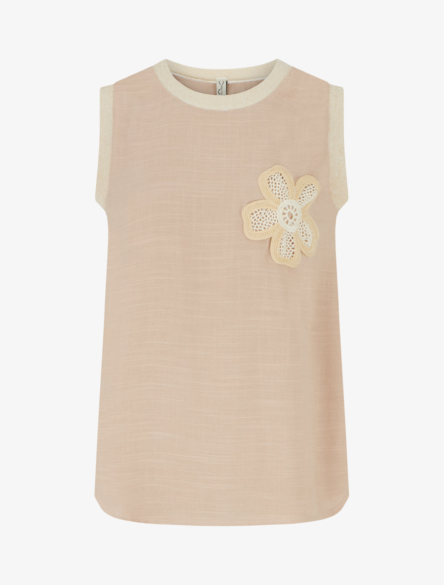 Top droit sans manches à fleur brodée - Sable - 1