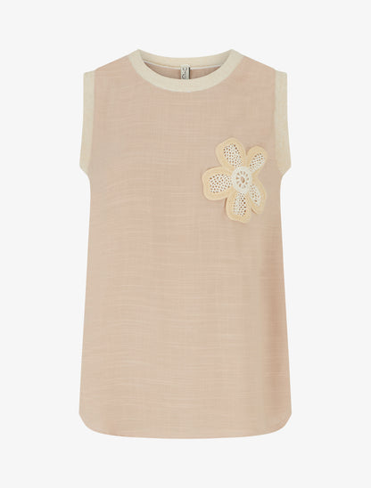 Top droit sans manches à fleur brodée - Sable - 1
