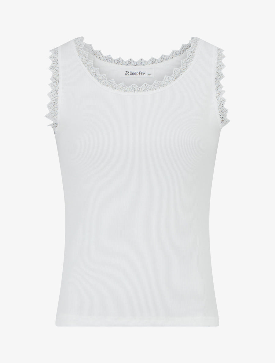 Débardeur côtelé à col dentelle - Blanc - 1