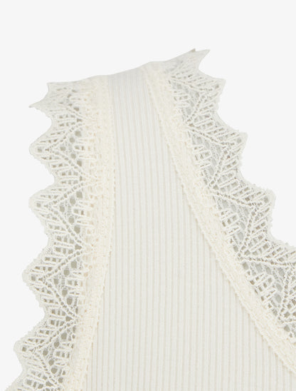 Débardeur côtelé à col dentelle - Beige clair - 3
