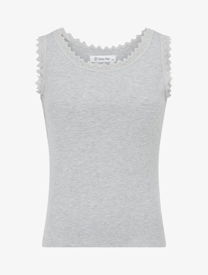 Débardeur côtelé à col dentelle - Gris chiné - 1