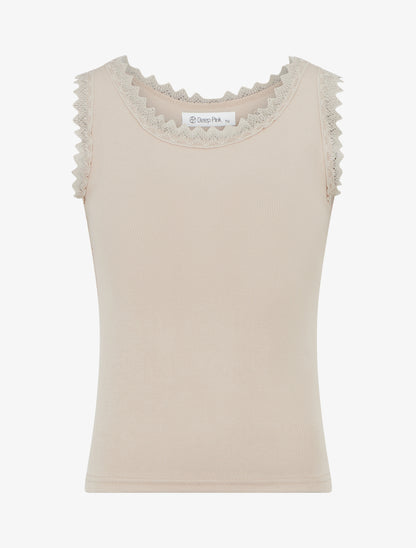 Débardeur côtelé à col dentelle - Sable - 1