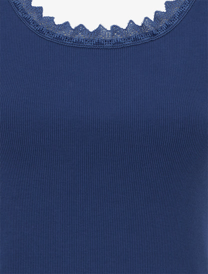 Débardeur côtelé à col dentelle - Marine - 3