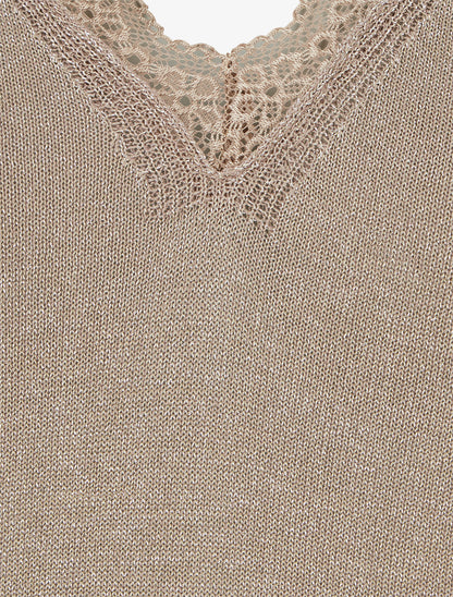 Débardeur irisée à col V en dentelle ondulée - Taupe - 3