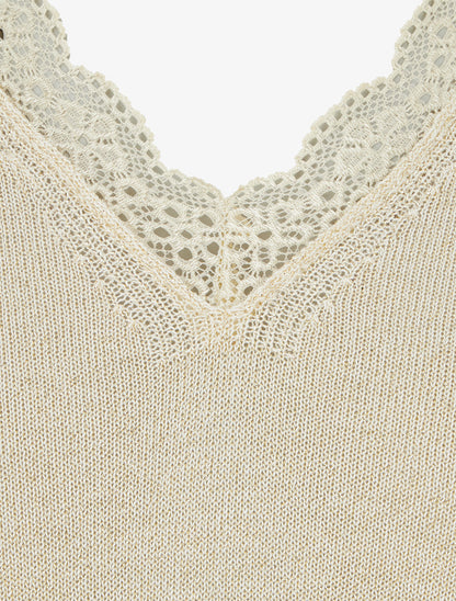 Débardeur irisée à col V en dentelle ondulée - Beige - 3