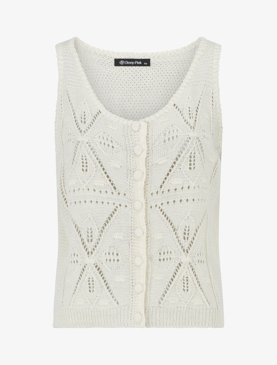 Top boutonné en maille ajourée - Beige - 1