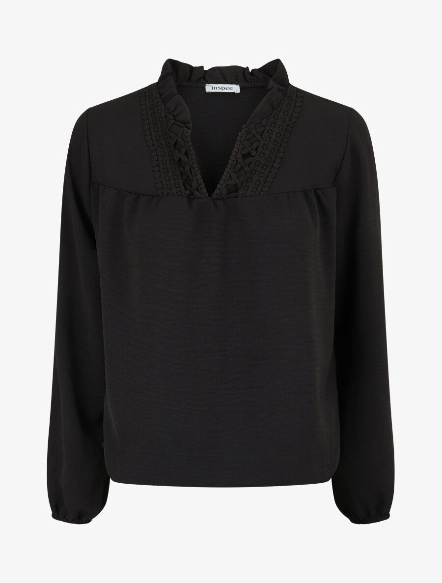 Blouse fluide à col V brodé - Noir - 1