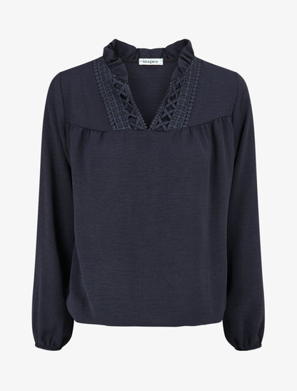 Blouse fluide à col V brodé - Marine - 4