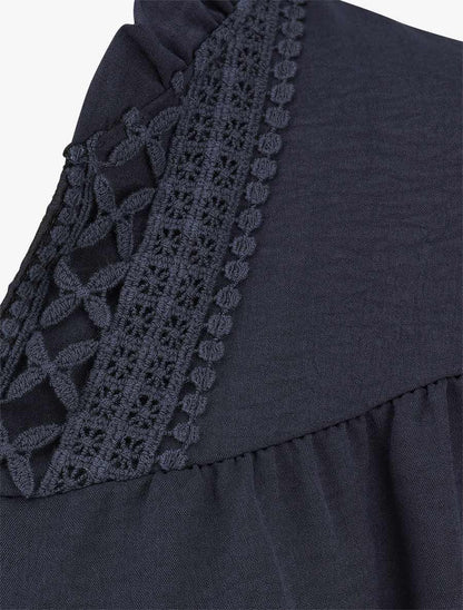 Blouse fluide à col V brodé - Marine - 3