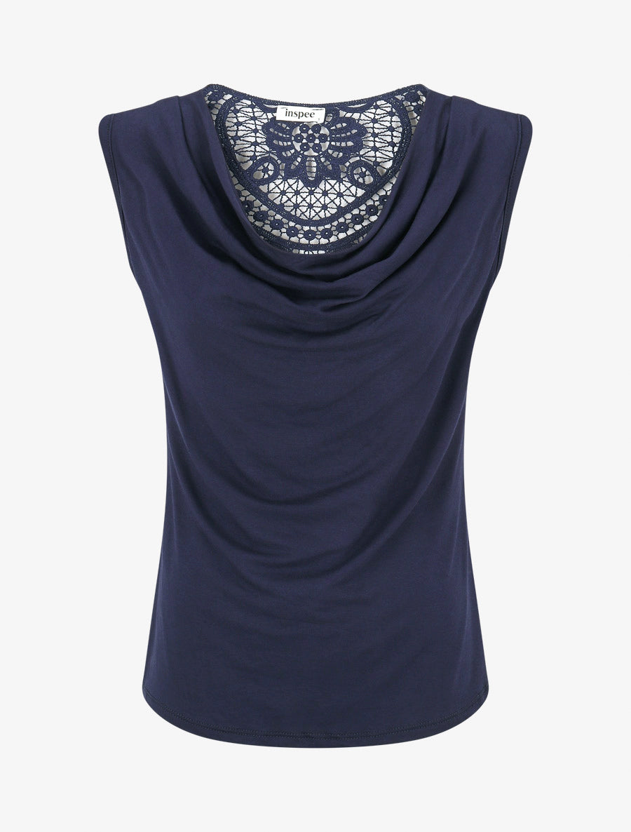 Mouwloze top met watervalhals en kanten rug - Marine