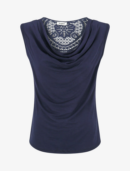 Mouwloze top met watervalhals en kanten rug - Marine