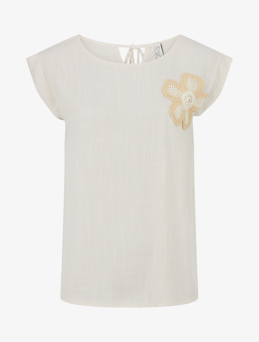 Top uni à fleur brodée - Beige - 1