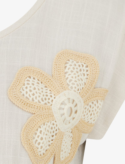 Top uni à fleur brodée - Beige - 3