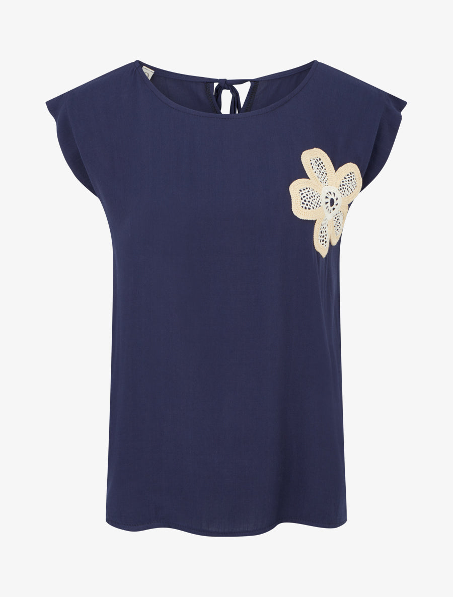 Top uni à fleur brodée - Marine - 1