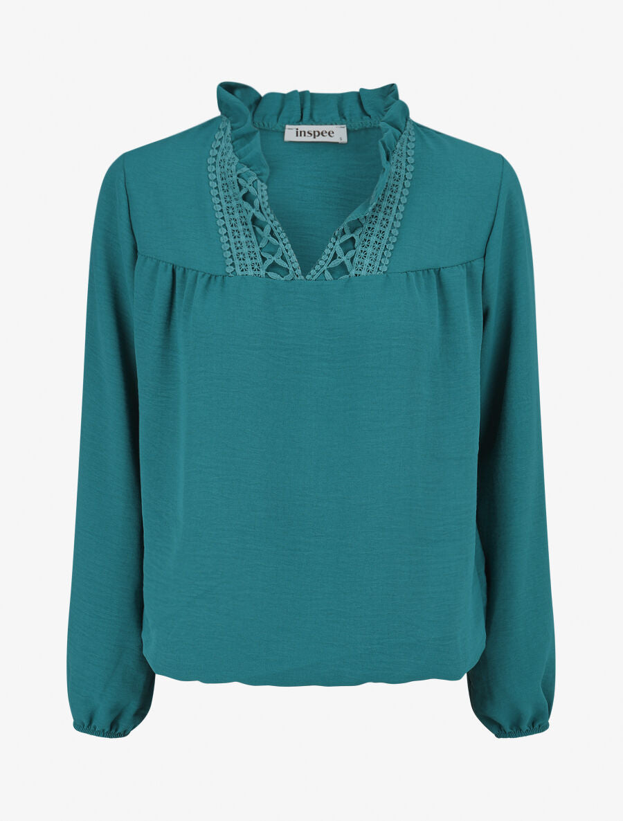 Blouse fluide à col V brodé - Bleu lagon - 1
