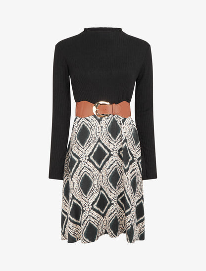 Robe évasée bi-matière imprimé fantaisie - Noir - 1