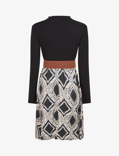 Robe évasée bi-matière imprimé fantaisie - Noir - 2