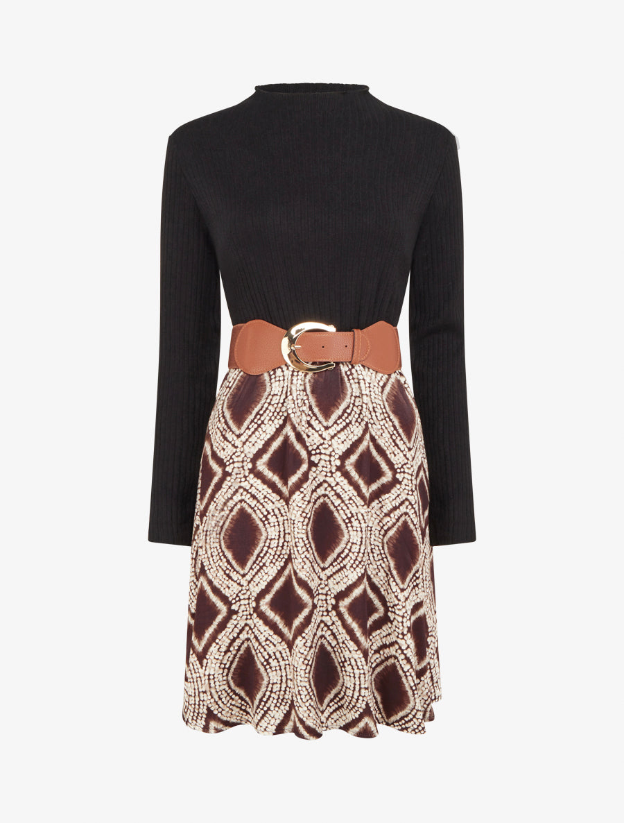 Robe évasée bi-matière imprimé fantaisie - Marron - 1