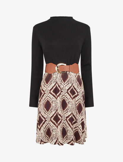 Robe évasée bi-matière imprimé fantaisie - Marron - 1