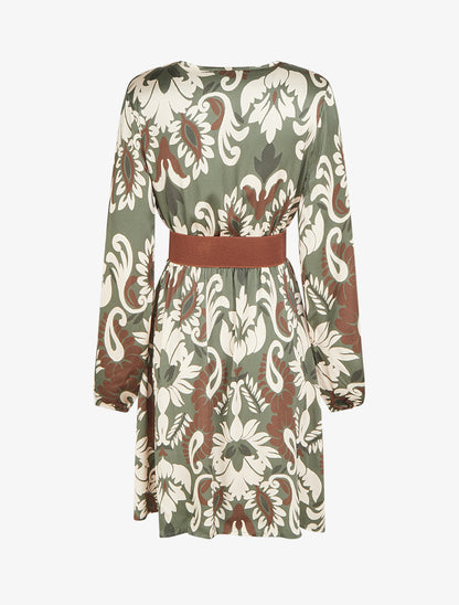 Robe évasée satinée imprimé arabesque - Kaki - 2