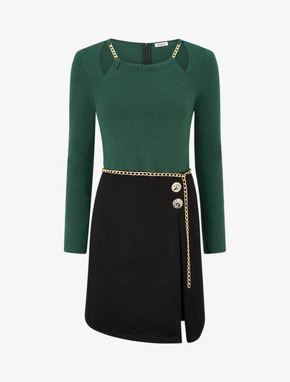 Robe fendue à col détail chaînes - Vert sapin - 1