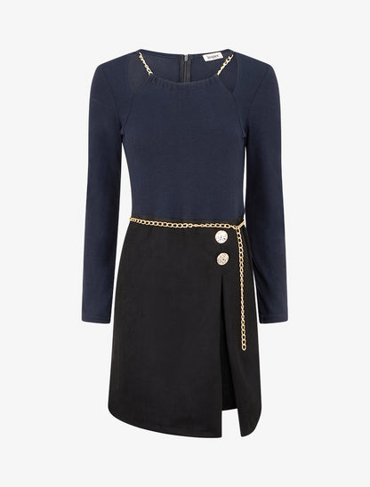 Robe fendue à col détail chaînes - Bleu nuit - 1