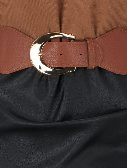 Robe bi-matière à col V froncé - Camel - 3