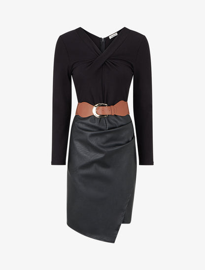 Robe bi-matière à col V froncé - Noir - 1