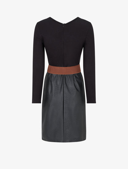 Robe bi-matière à col V froncé - Noir - 2