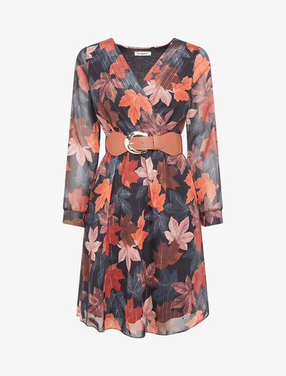 Robe mi-longue évasée imprimé feuilles - Noir - 1