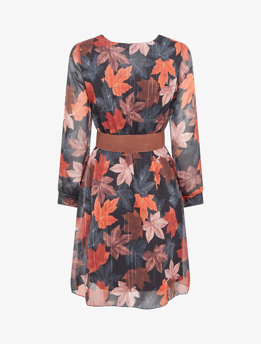 Robe mi-longue évasée imprimé feuilles - Noir - 2