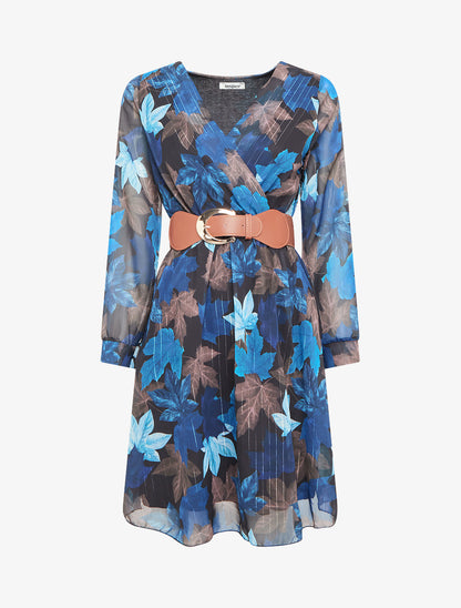 Robe mi-longue évasée imprimé feuilles - Marine - 1
