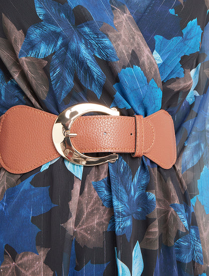 Robe mi-longue évasée imprimé feuilles - Marine - 3