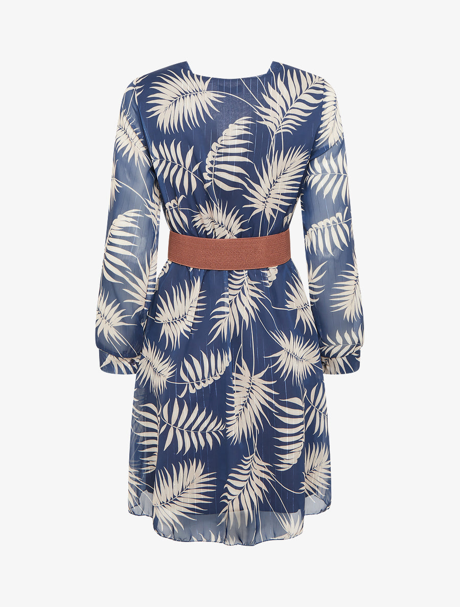 Robe mi-longue évasée imprimé feuilles tropicales - Marine - 2