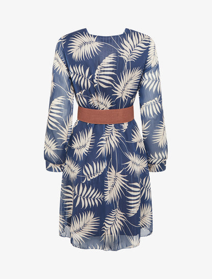 Robe mi-longue évasée imprimé feuilles tropicales - Marine - 2