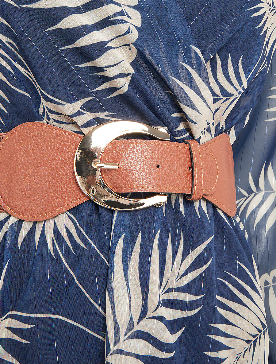 Robe mi-longue évasée imprimé feuilles tropicales - Marine - 3