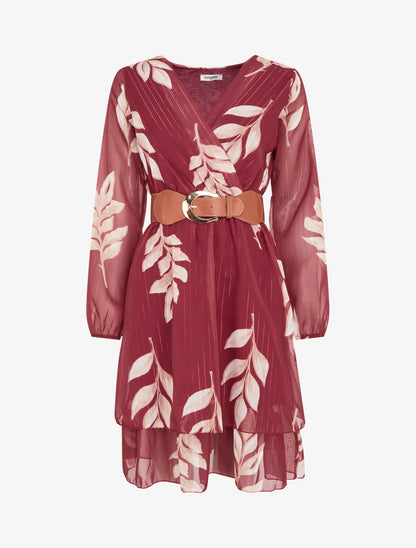 Robe patineuse en voile imprimé feuilles - Bordeaux - 1