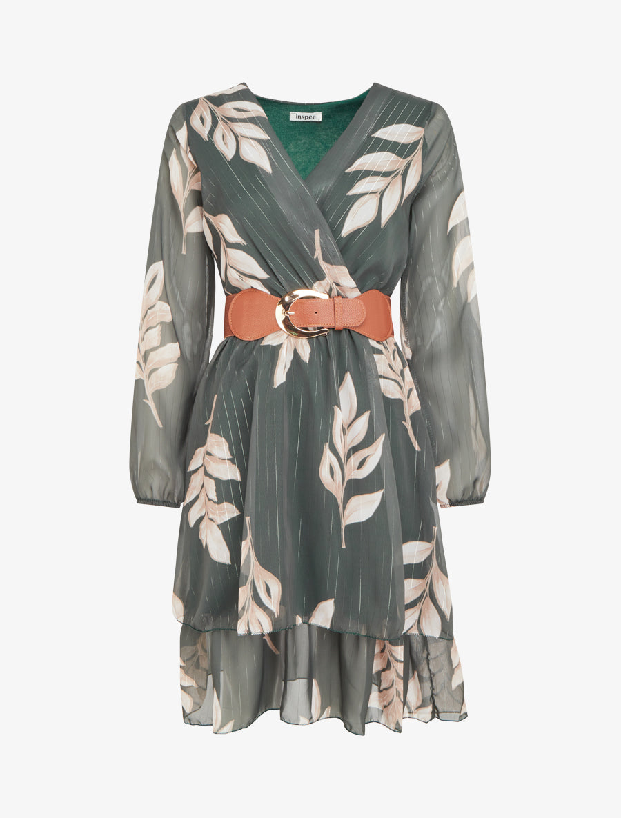 Robe patineuse en voile imprimé feuilles - Kaki - 1