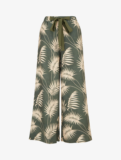 Pantalon ample et fluide imprimé feuilles - Kaki - 1