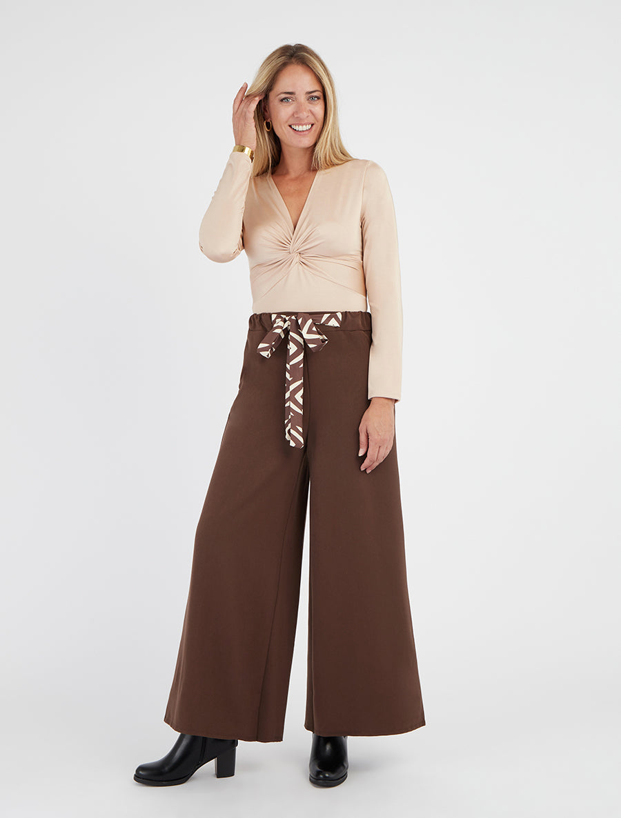 Pantalon ample à lien imprimé graphique - Marron - 8