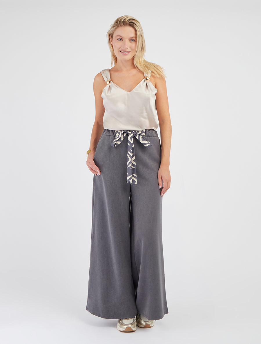 Pantalon ample à lien imprimé graphique - Gris - 8