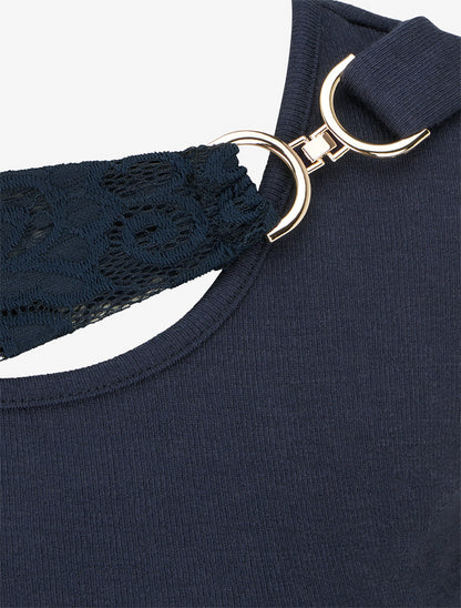 Pull à détail dentelle et empiècement métallique - Marine - 3