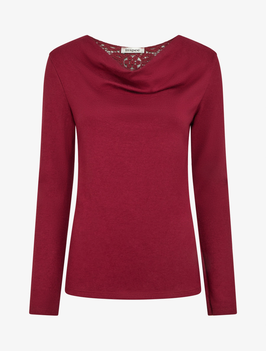 Pull à col bénitier et dos en crochet - Bordeaux