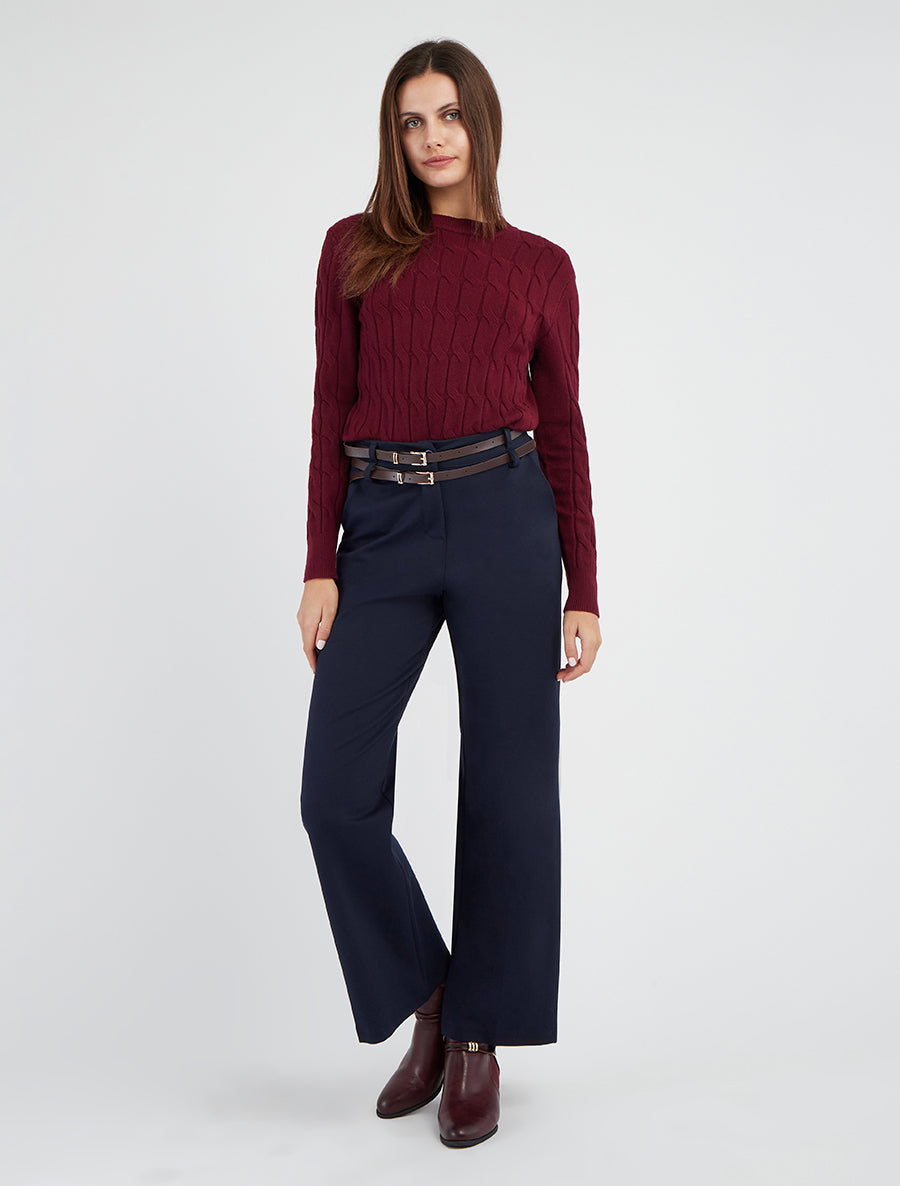 Hoge taille rechte broek met dubbele riem - Marine