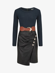 Robe bimatière jupe plissé à boutons - Marine - 1
