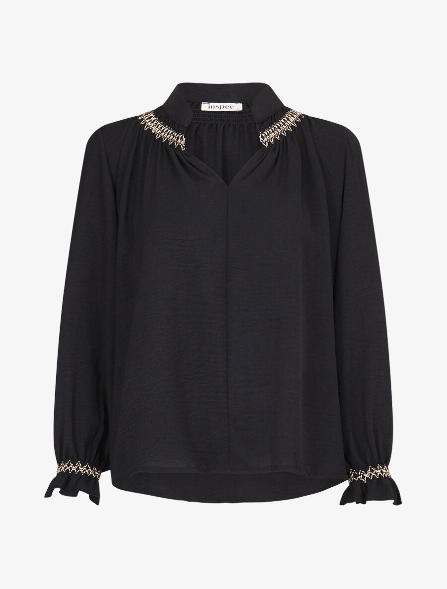 Blouse droite à détail brodé - Noir - 4