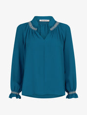 Blouse droite à détail brodé - Bleu canard - 4