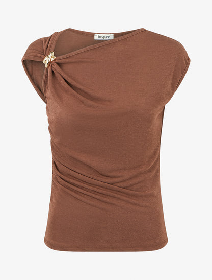 Top uni sans manches à empiècement bijou - Marron - 1