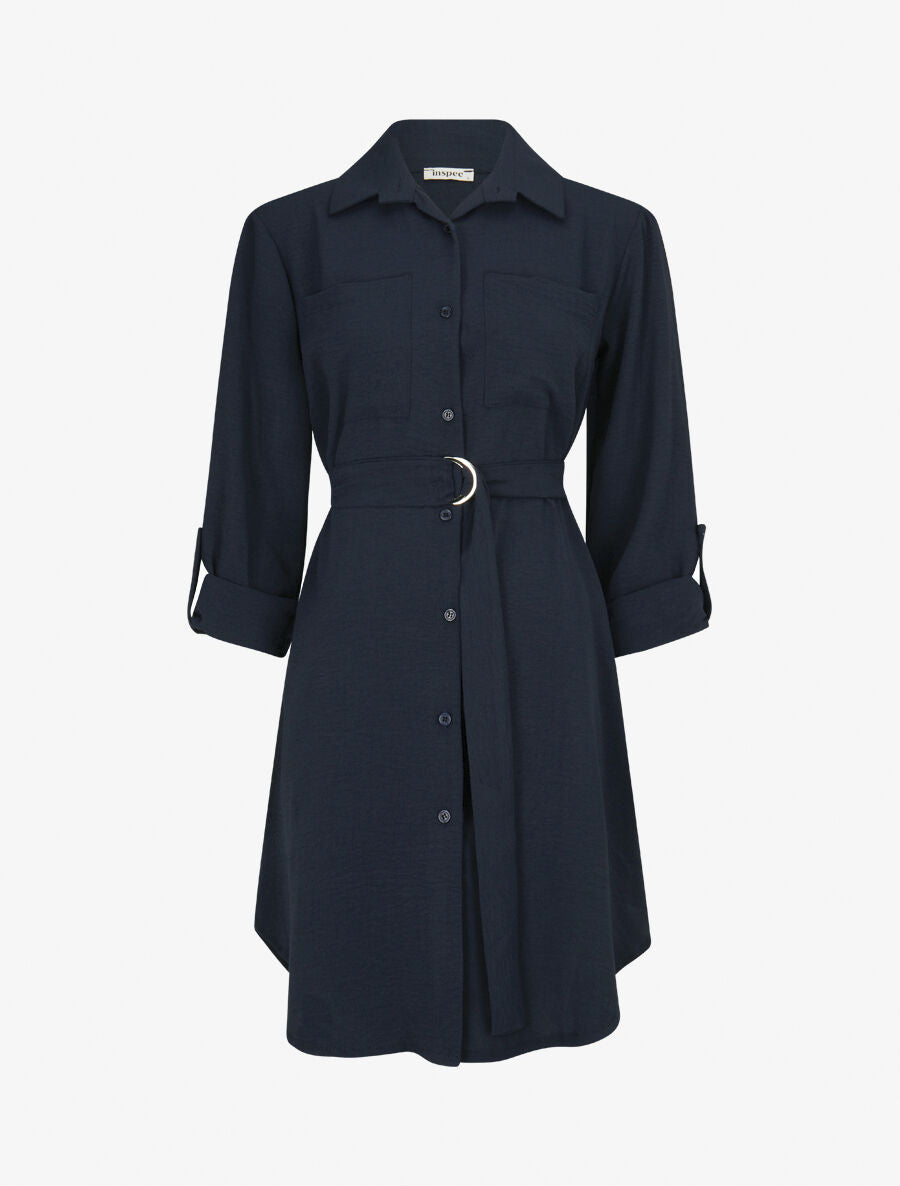 Robe chemise fluide et ceinturée - Marine - 1