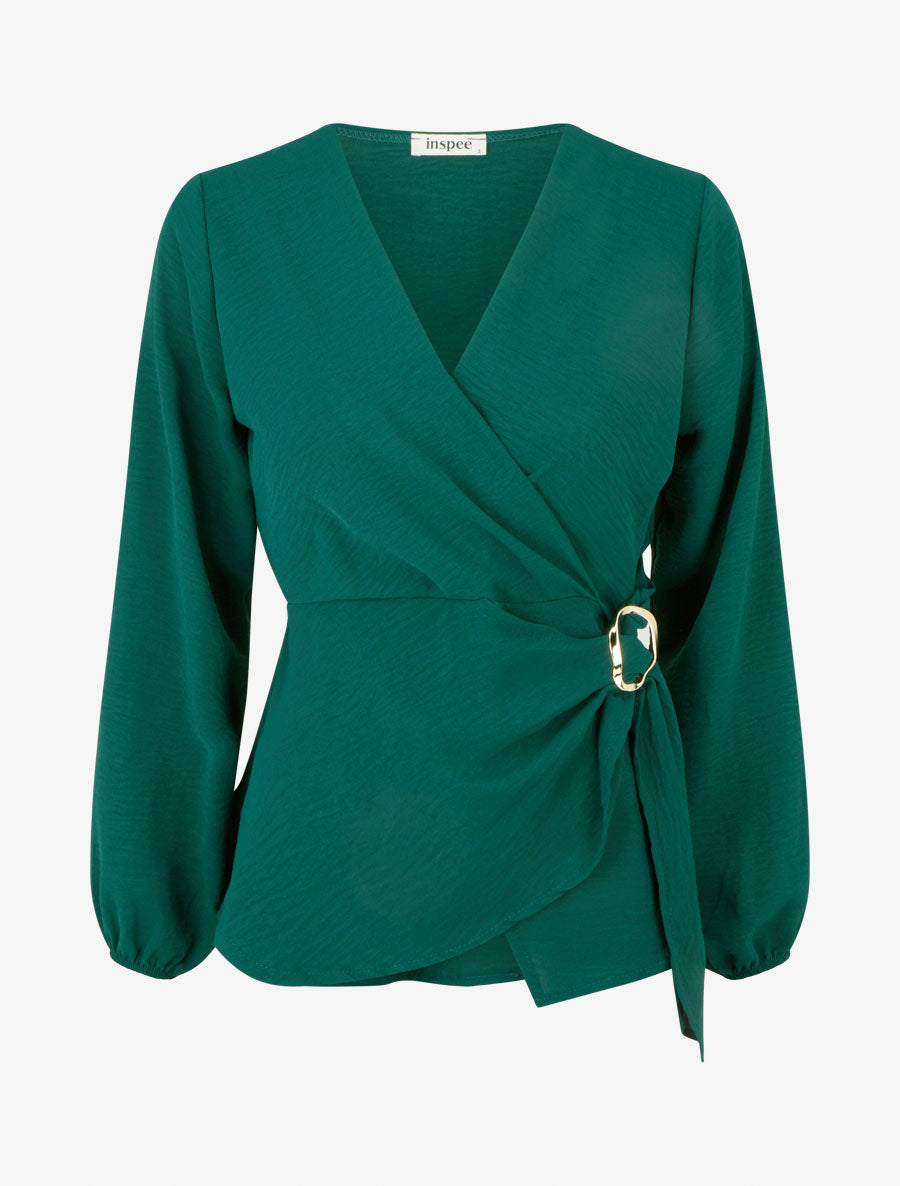 Blouse unie style portefeuille à col cache-coeur - Vert sapin - 1